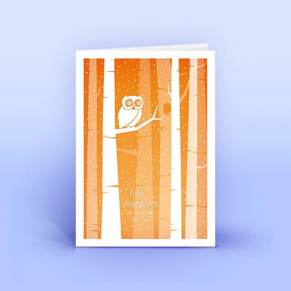 Weihnachtskarte Eule im Wald orange, DIN A6 hoch Recyclingpapier