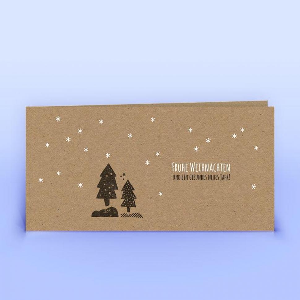 Weihnachtskarte stilisierter Wald unter Sternenhimmel auf Naturpapier, DIN lang