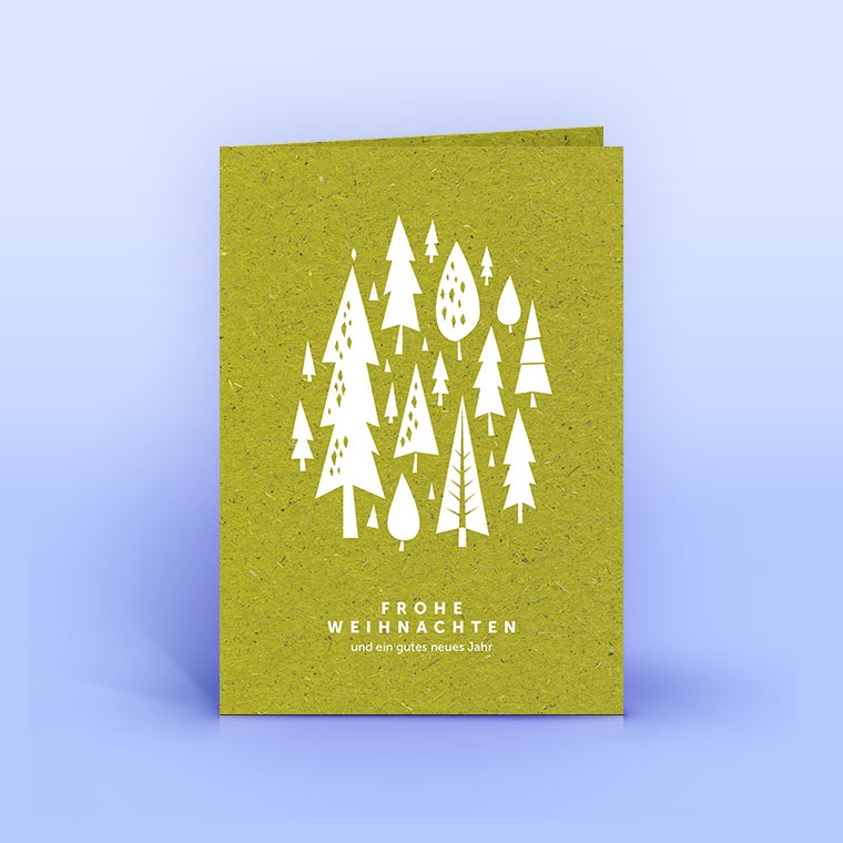 Weihnachtskarte weiße Bäumchen im Wald auf Graspapier, DIN A6 hoch