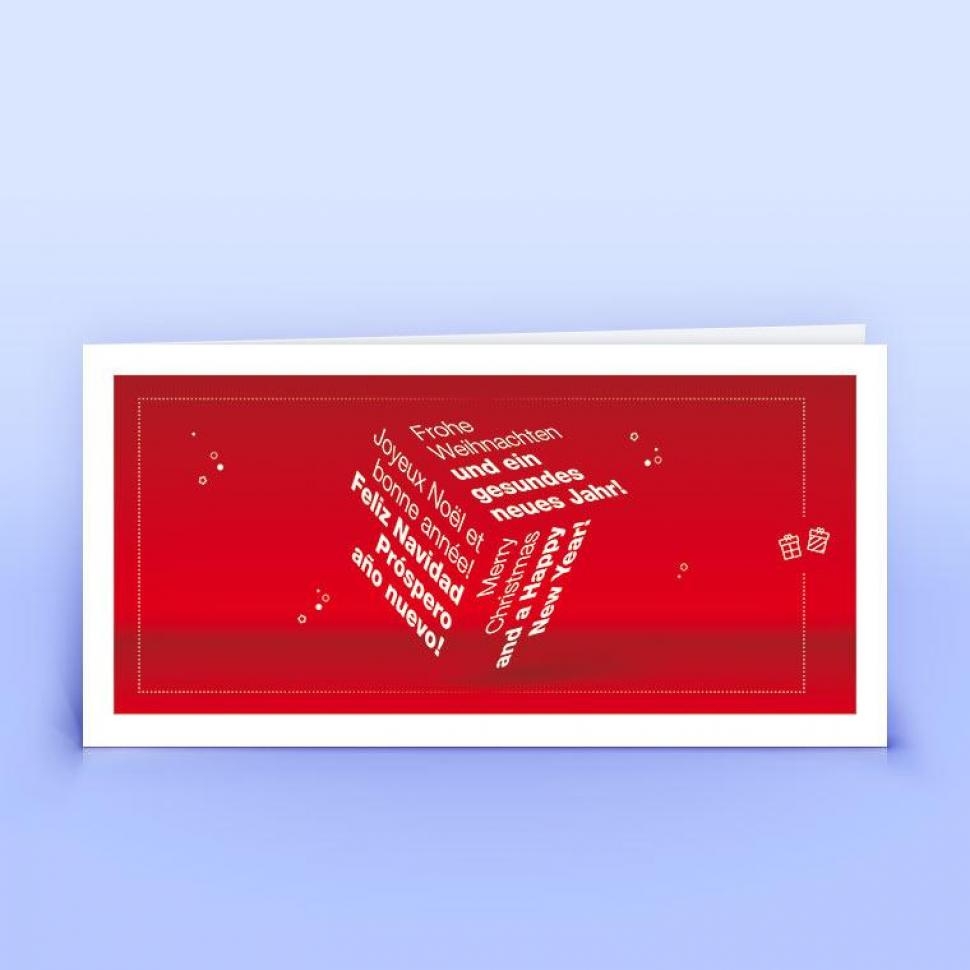 Mehrsprachige Weihnachtskarte rote Wortwolke im Würfel DIN lang Premium-Recyclingpapier