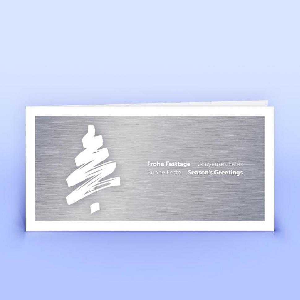 Mehrsprachige Weihnachtskarte handgemalter Weihnachtsbaum auf silbernen Hintergrund, DIN lang Premium-Recyclingpapier
