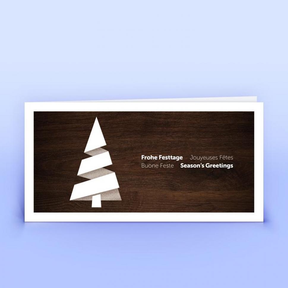 Viersprachige Weihnachtskarte stilisierter Christbaum auf Holzdekor, DIN lang Premium-Recyclingpapier