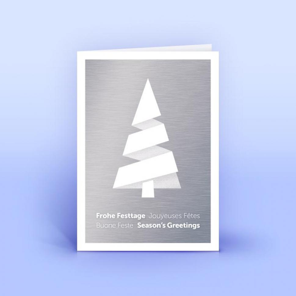 Viersprachige Weihnachtskarte moderner Weihnachtsbaum auf Metalldekor, DIN A6 hoch Recyclingpapier