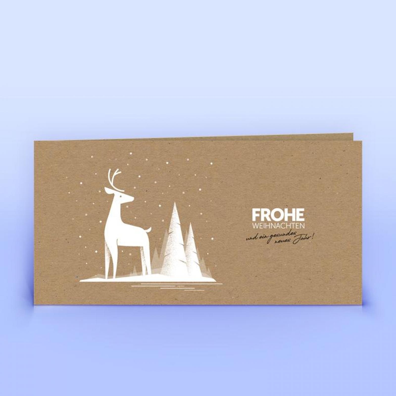 Weihnachtskarte mit Hirsch & Tannen auf Naturpapier, DIN lang