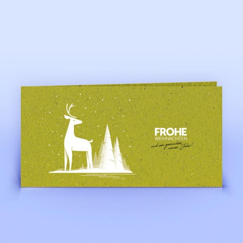 Graspapier Weihnachtskarte mit Hirsch & Tannen, DIN lang