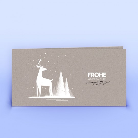Weihnachtskarte mit Hirsch & Tannen auf Design-Recyclingpapier, DIN lang